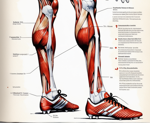 축구화를 신은 다리의 근육들을 해부학적 그림으로 표현한 이미지