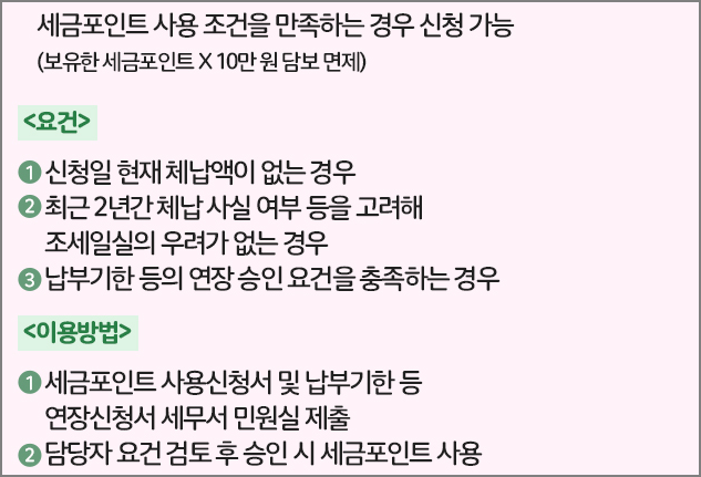 세금포인트 혜택 : 납부기한 등의 연장 담보 면제 (개인·법인)