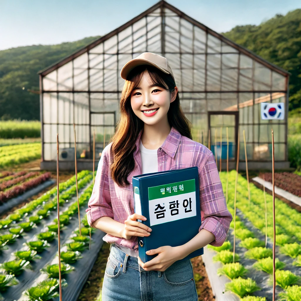 &ldquo;벼 논 앞에서 &lsquo;공익직불금 신청서&rsquo;를 들고 있는 중장년 여성 농업인 &ndash; 2025 직불금 신청 독려 캠페인 사진