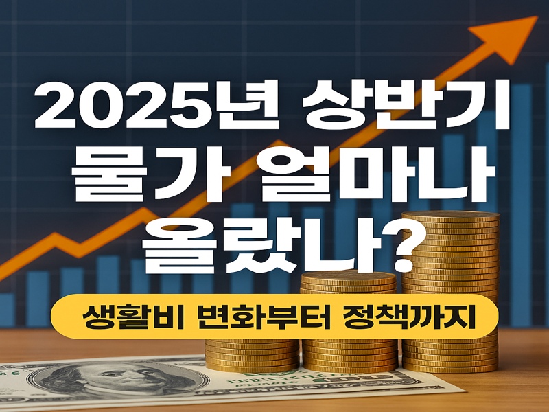 물가 상승률, 생활비 변화, 정부 대응 정책 등 2025년 상반기 경제 흐름을 시각화한 한국어 그래픽 이미지 – 오렌지색 상승 곡선, 금화, 100달러 지폐, 막대 그래프 등이 포함된 경제 테마 구성