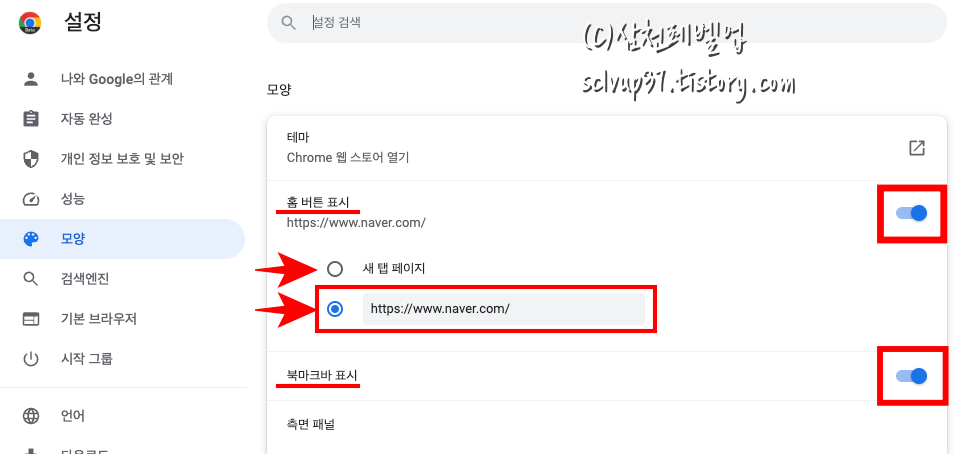 크롬 홈버튼 표시 켜고 홈페이지 입력 및 북마크바 켜기