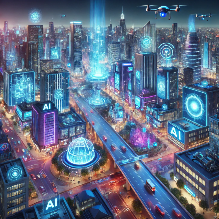 AI 기술이 적용된 미래 도시의 야경, 자율주행차와 드론이 보이는 풍경