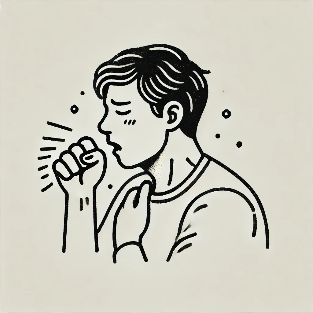 손으로 입을 가리고 기침하는 사람
