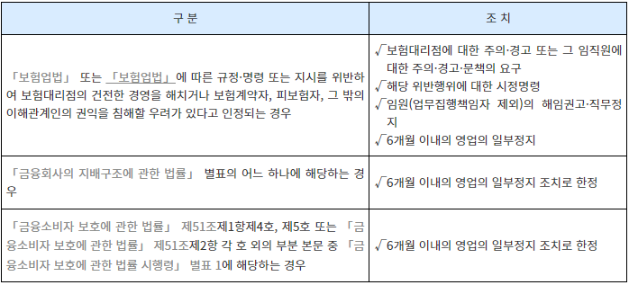 보험대리점에 대한 제재 조치 내용