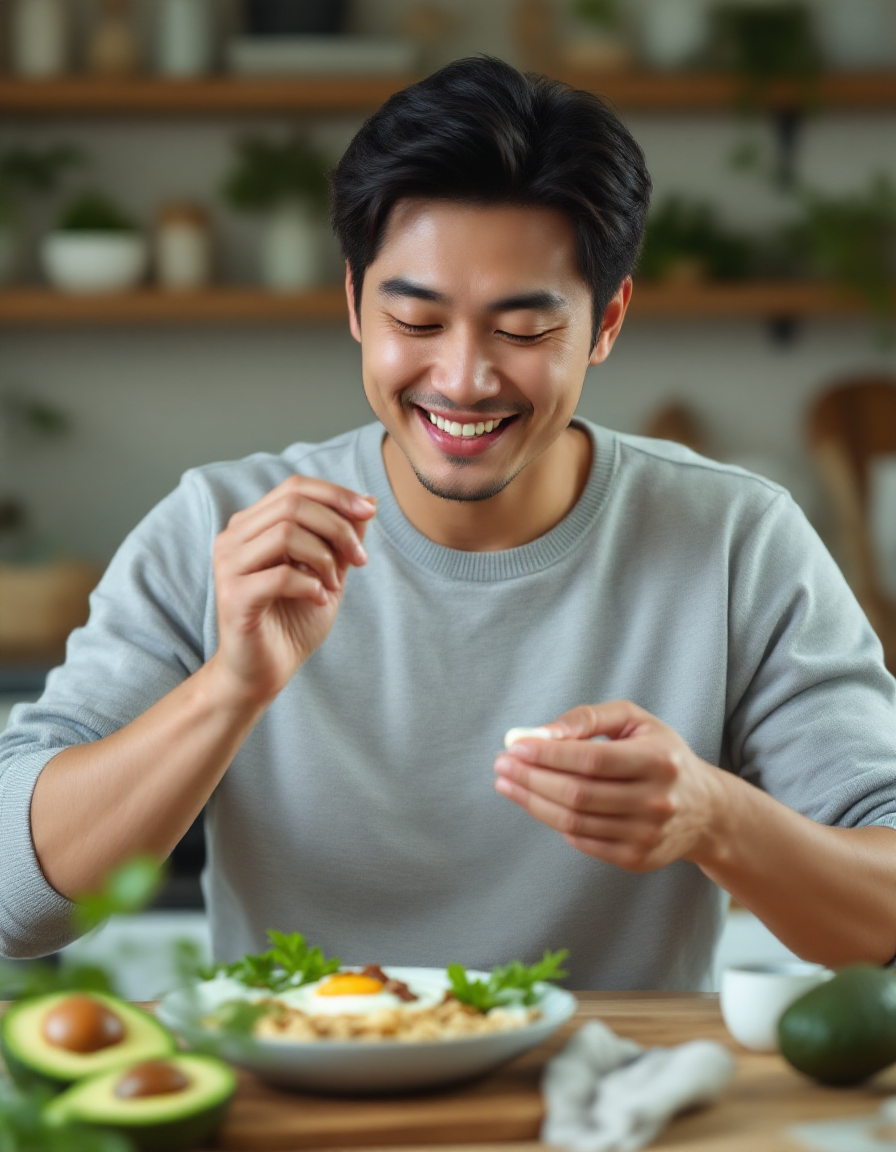 식사와 함께 루테인을 복용하는 남성