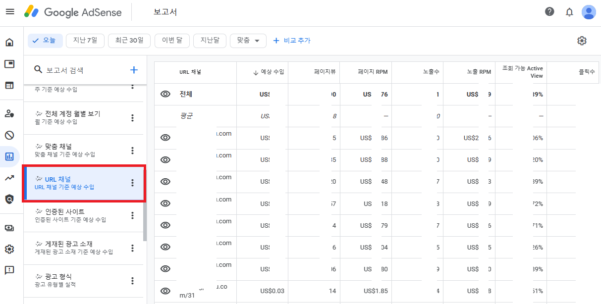 애드센스 보고서 &gt; URL 채널