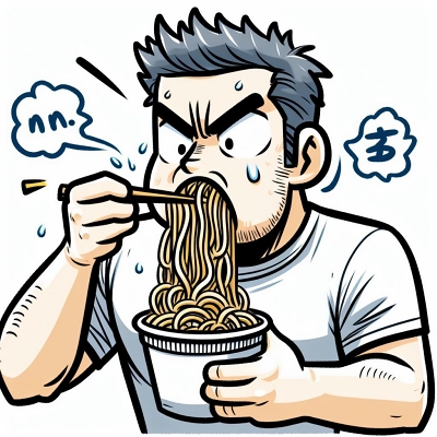 A-cartoon-image-that-depicts-a-man-who-eats-noodles-hastily.