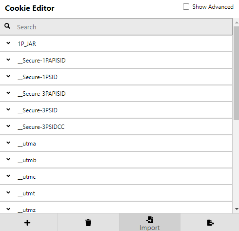 cookie editor 실행 화면&#44; 하단 순서대로 추가&#44; 삭제&#44; 삽입&#44; 종료