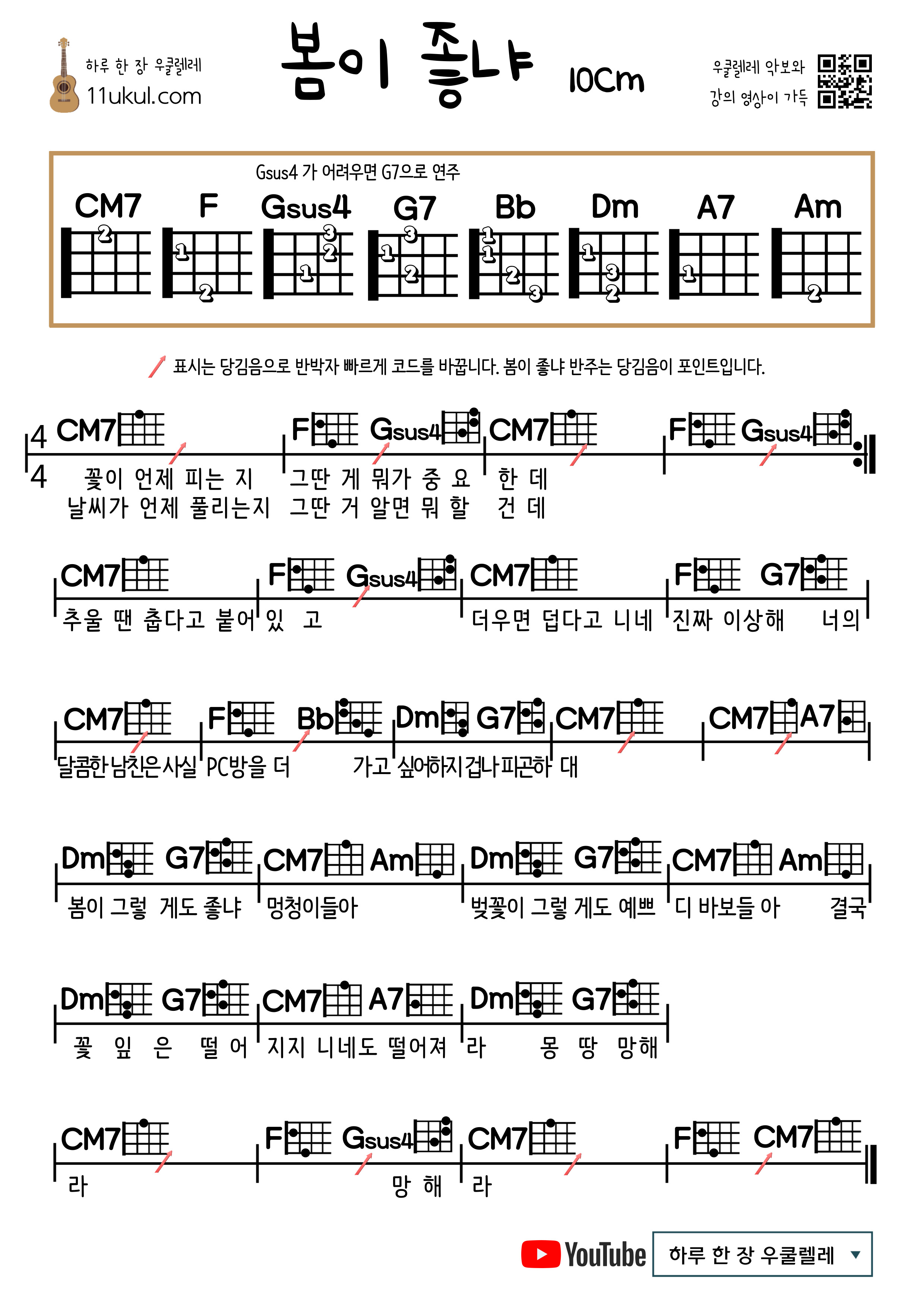 봄이 좋냐(10cm/십센치) 우쿨렐레 쉬운 코드 악보