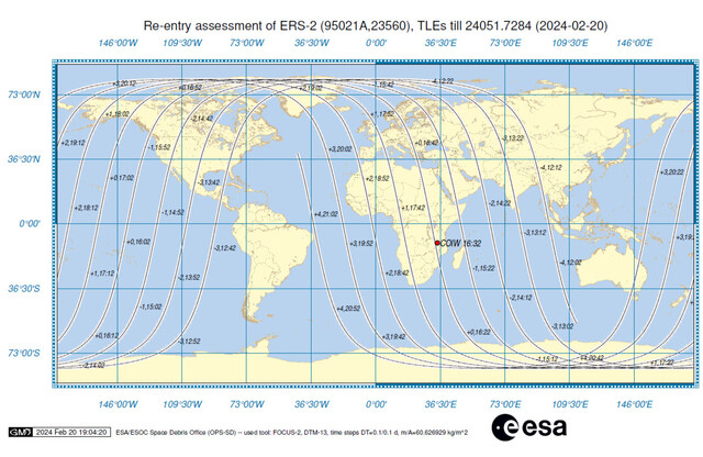 2톤 인공 위성 낙하 ERS-2 지구 추락시 사람 맞을 확률