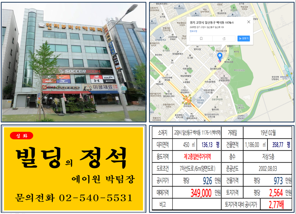  [고양시 대로변 임대수익용 꼬마빌딩 실거래가 조회] 백석동 1176-1 (백석역) 34.5억 원, 평당 2,564만 원, 역세권 대로변 임대수익