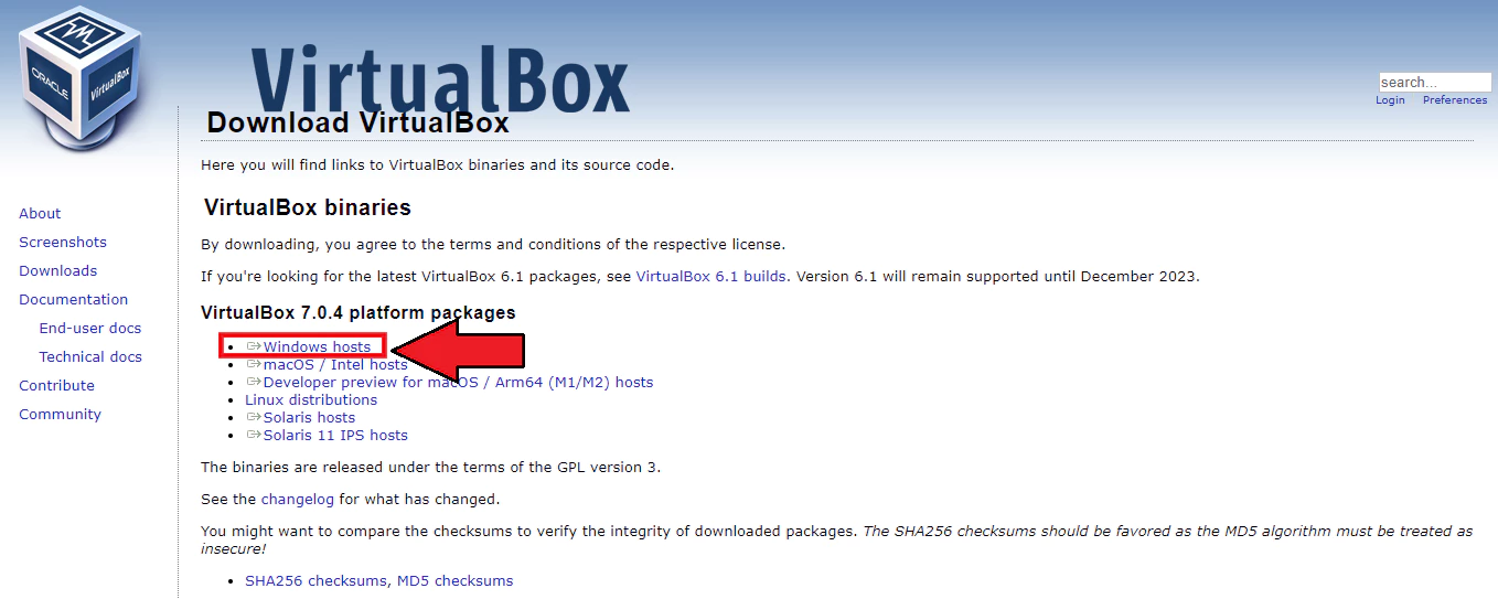 VirtualBox 다운로드 페이지