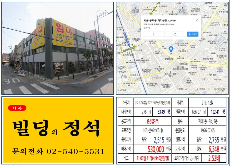  [구로구 준공업지역 50억 신축부지 실거래가 조회] 가리봉동 127-19 (가산디지털단지역) 53억 원, 평당 6,348만 원 매매되었습니다.