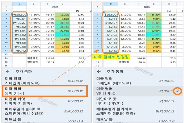 통화 목록에서 원하는 통화를 선택합니다.