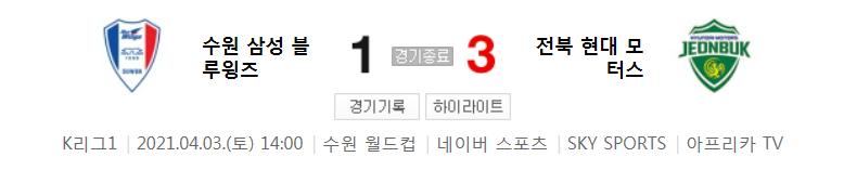  2021 K리그1 / 7라운드 - 수원 삼성 블루윙즈 대 전북 현대 모터스 (2021년 4월 3일 경기 하이라이트)