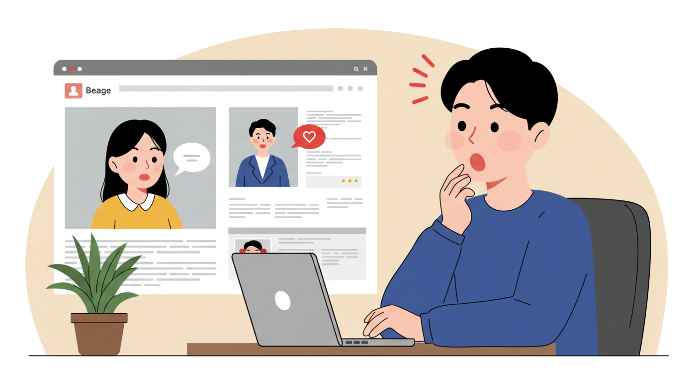 오래전에 쓴 글에 반응이 와서 놀라워하는 콘텐츠 작성자의 표정과 블로그 작업 공간을 담은 장면