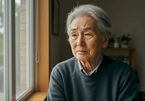 창가에 앉아 생각에 잠기거나 걱정스러운 표정의 노년 한국인 포트레이트 사진