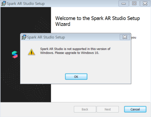 Spark AR Studio is not supported in this version of Windows. Please upgrade to Windows 10