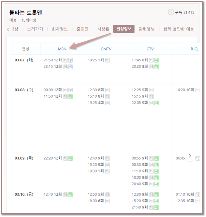 MBN 예능 불타는 트롯맨 채널 방송시간 편성정보