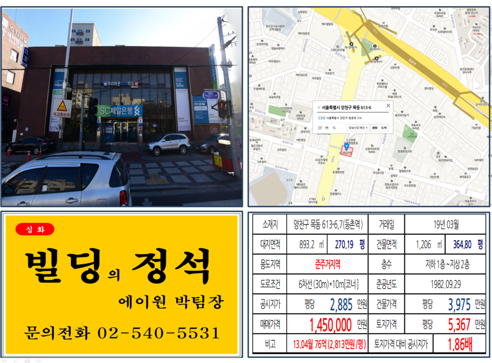  [양천구 빌딩매매사례]목동 613-6,7(등촌역) 145억, 평당5,367만원, 145억 매매되었습니다.