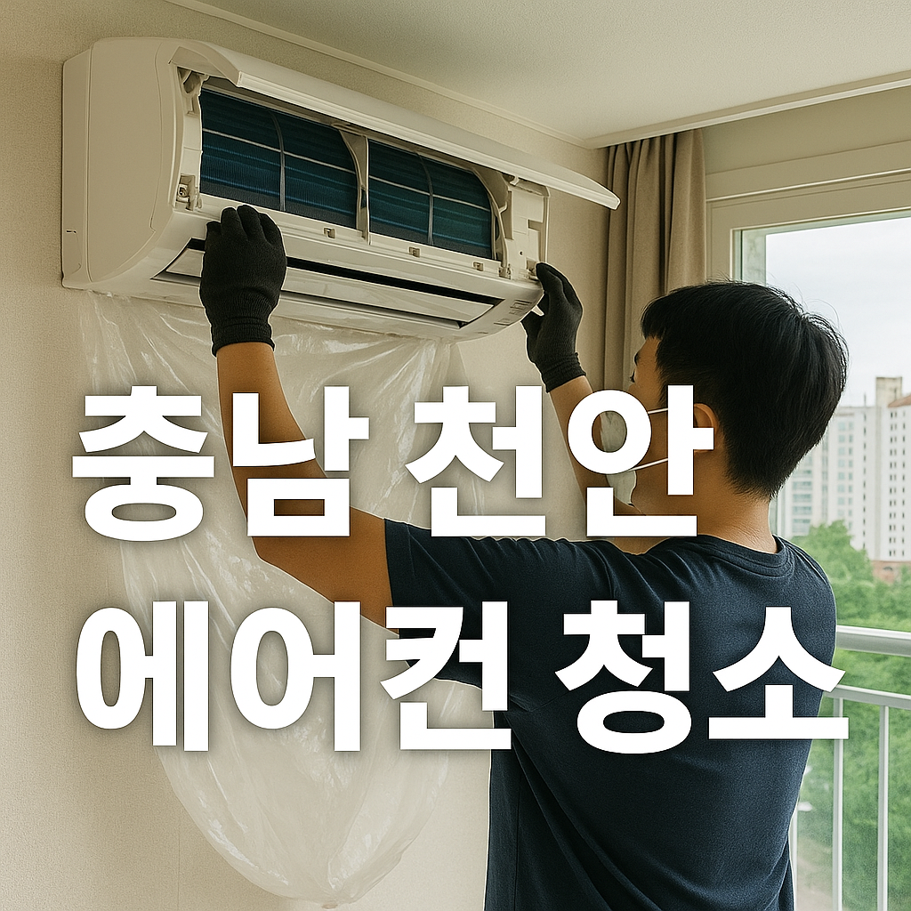 충남 천안 에어컨 청소 현장 이미지 충남 천안 에어컨 필터를 점검 중인 청소 전문가 모습