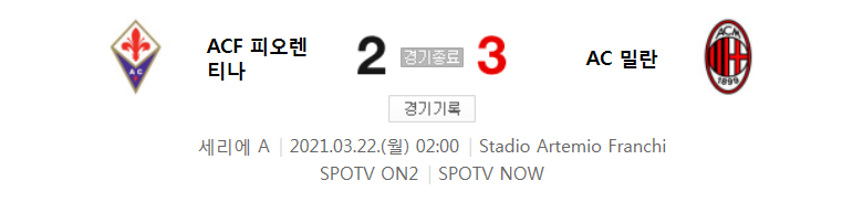  세리에 A / 2021년 3월 22일 경기 - ACF 피오렌티나(2) VS AC 밀란(3) 축구 하이라이트