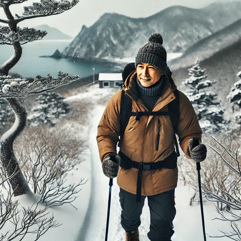 울릉도 겨울에 트래킹하는 남성 이미지