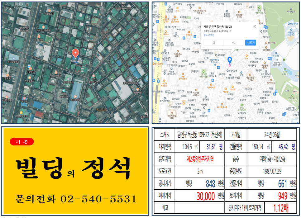 금천구 독산동 189-22번지 건물이 2024년 06월 매매 되었습니다.