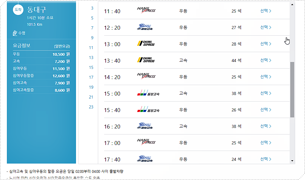 부산 → 동대구 고속버스 시간표/요금표 2