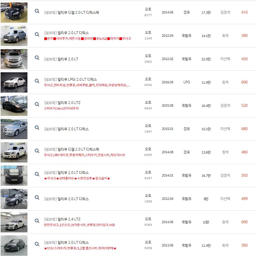 말리부 중고차 가격은 최저가 230만원 부터 ~ 최고가 990만원