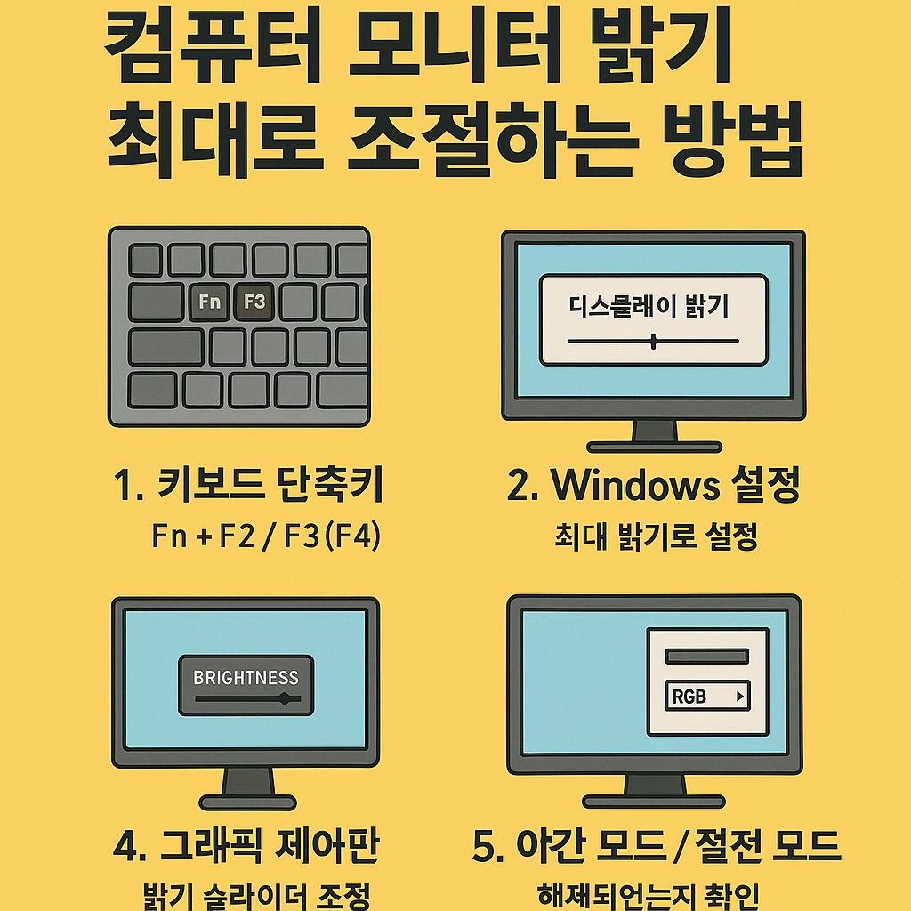 모니터 밝기를 최대로 설정하는 5가지 방법을 설명한 플랫 디자인 인포그래픽. 키보드 단축키, 윈도우 설정, 외부 모니터 조작, 그래픽 제어판, 야간 모드 및 절전 모드 해제가 시각적으로 표현됨.