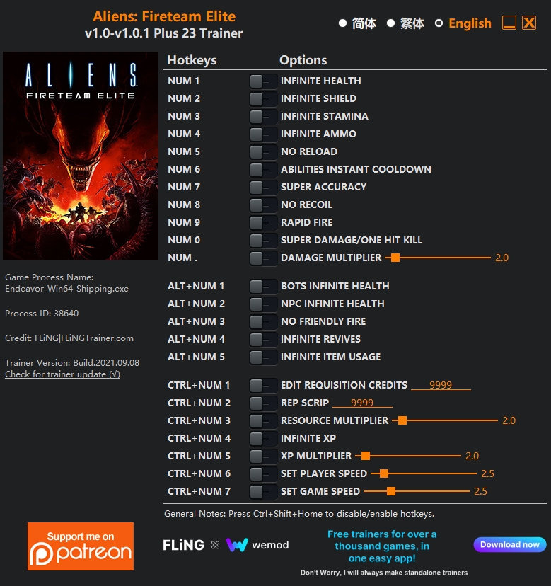  [트레이너] 한글판 에이리언 파이어팀 엘리트 최신 영문판 Aliens Fireteam Elite v1.0-v1.0.1 Plus 23 Trainer