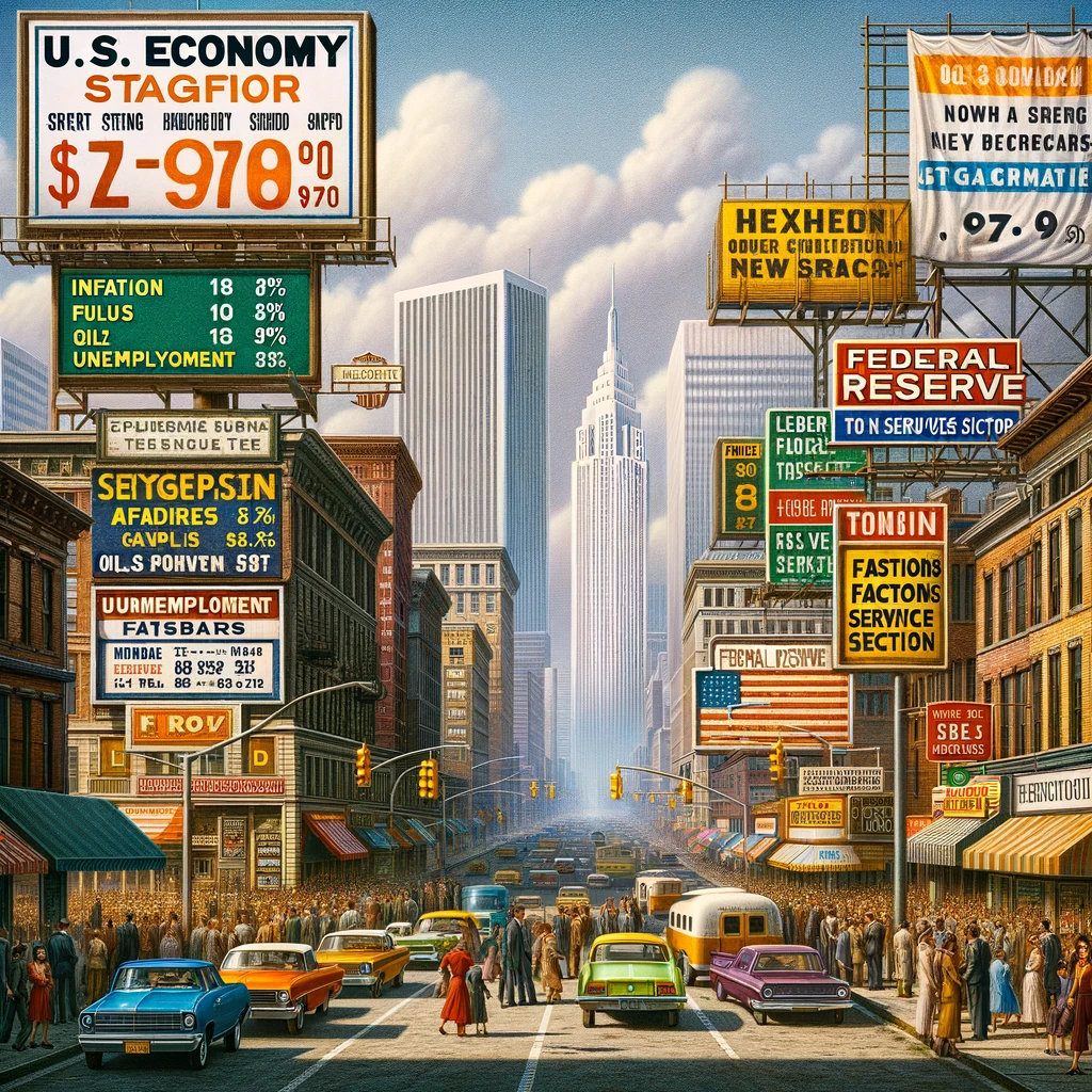 the U.S. economy in the 1970s&#44; focusing on its key aspects. The image shows a bustling 1970s cityscape with visible