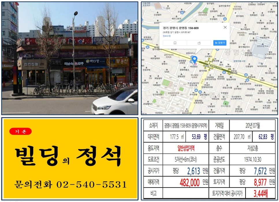  [광명시 광명뉴타운 40억 꼬마빌딩 실거래가 조회] 광명동 158-809 (광명사거리역) 48.2억 원, 평당 8,977만 원 매매되었습니다.