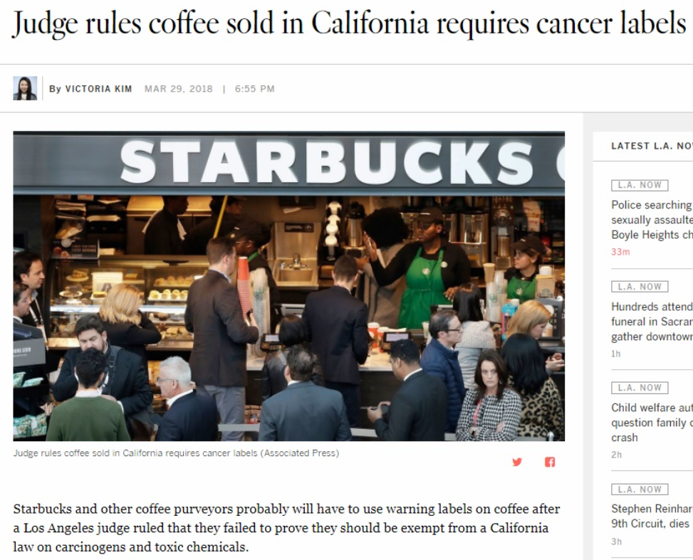 캘리포니아 주에서 판매하는 모든 스타벅스 커피컵에 발암물질 경고문을 표기 기사2