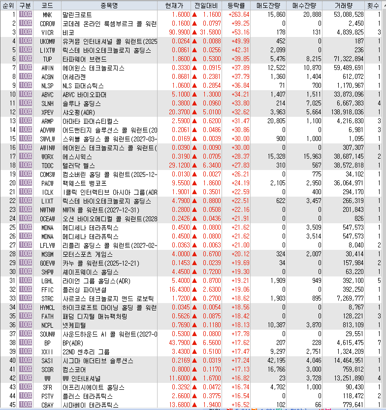  7월26일 미국주식 상승률 상위 종목 TOP 300