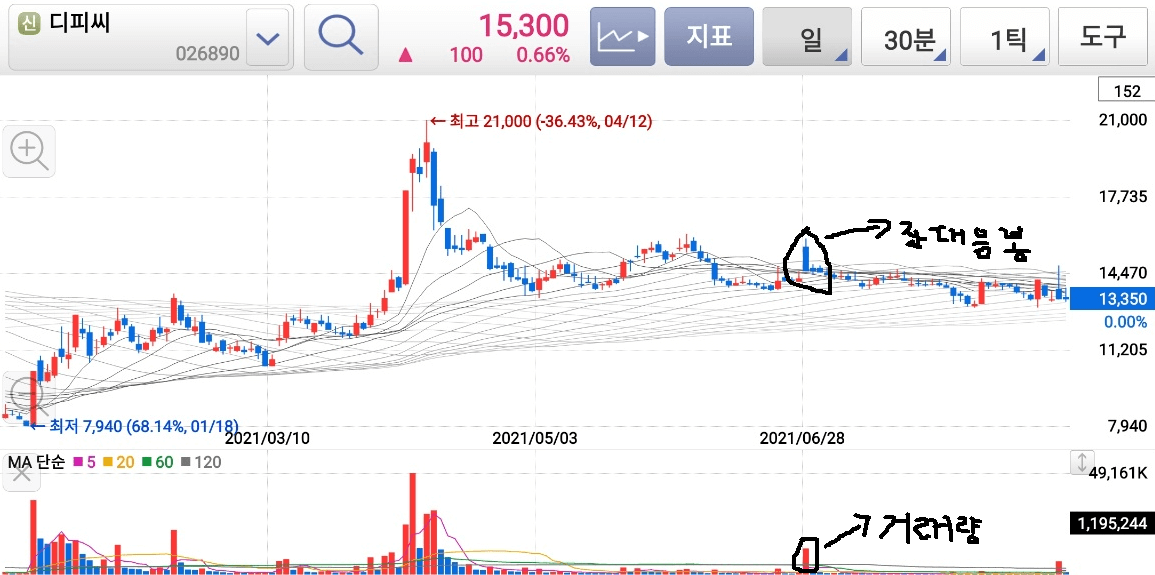 장대음봉과 높은 거래량