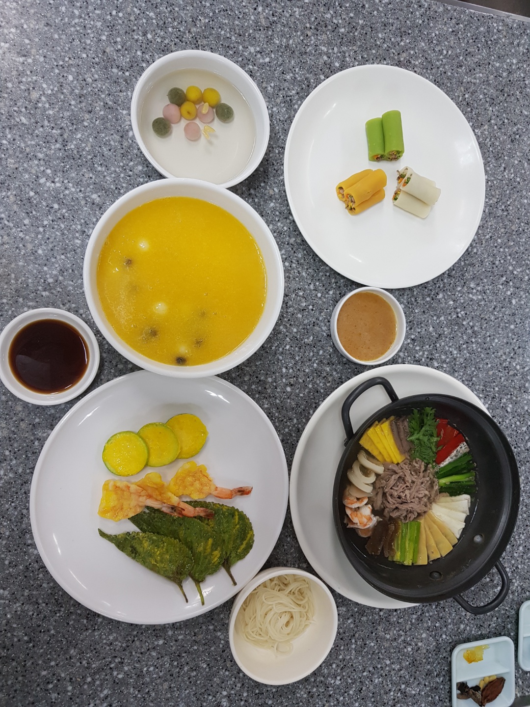  조리기능장 실기메뉴_면신선로, 삼색전(호박, 새우, 깻잎), 삼색밀쌈, 원소병, 호박죽