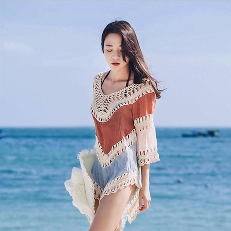 배색 오픈워크 미니비치원피스