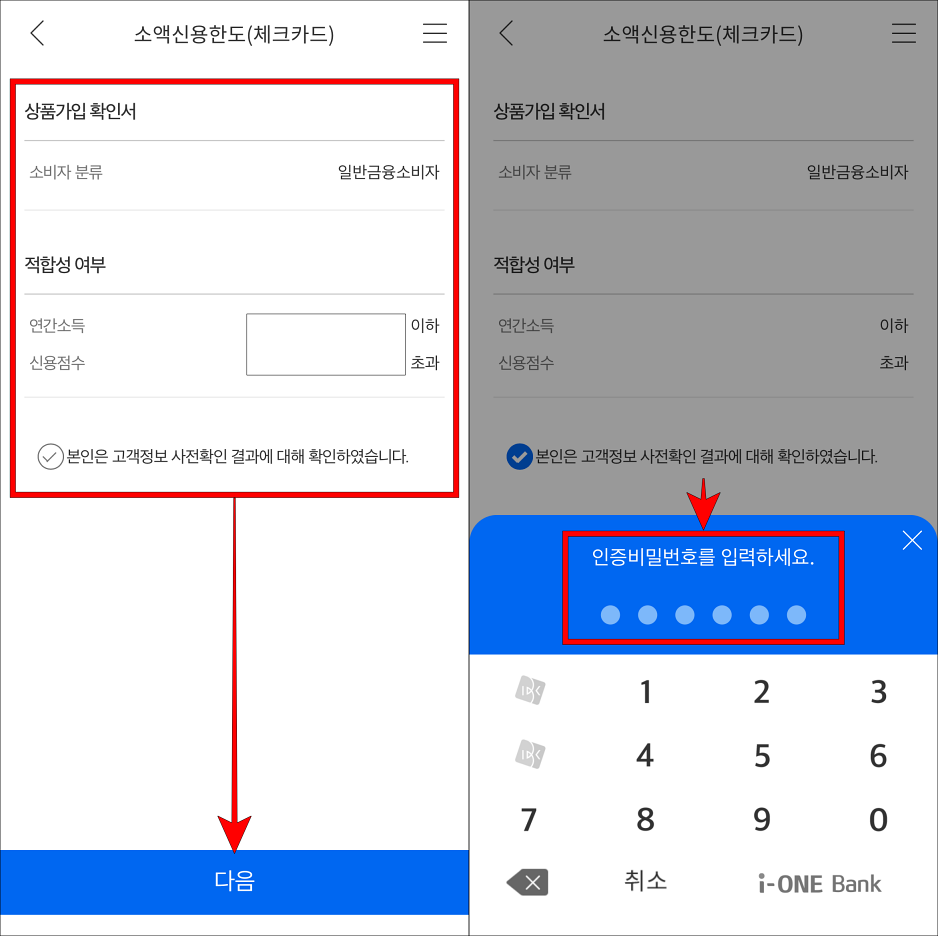 상품가입 확인서와 적합성 여부를 확인하고 다음을 선택한 뒤&#44; 인증 비밀번호를 입력