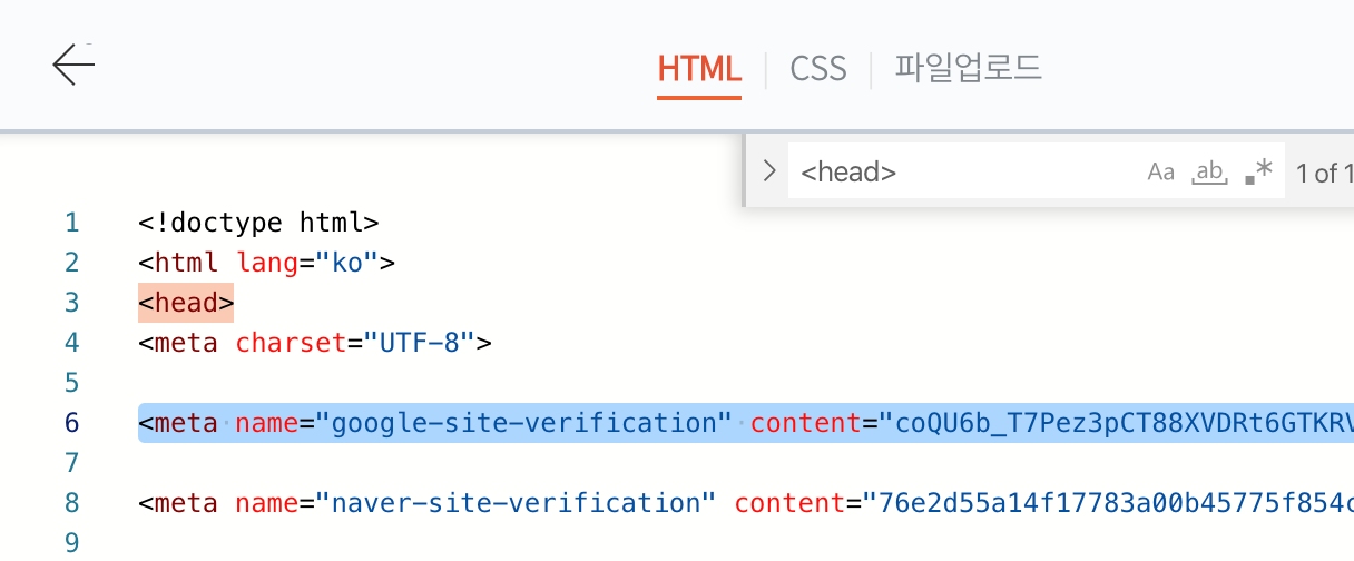 <head> 밑에 google search console html tag 붙여넣기