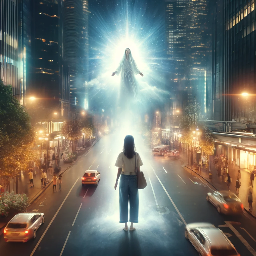 Here is the image depicting a young woman walking through a city&amp;#44; living a life illuminated by faith after a near-death experience. The artwork reflects her deep communion with God&amp;#44; even amidst the busy urban life. This scene highlights the contrast between the glow of city lights and a divine light shining down on her&amp;#44; symbolizing guidance and protection.