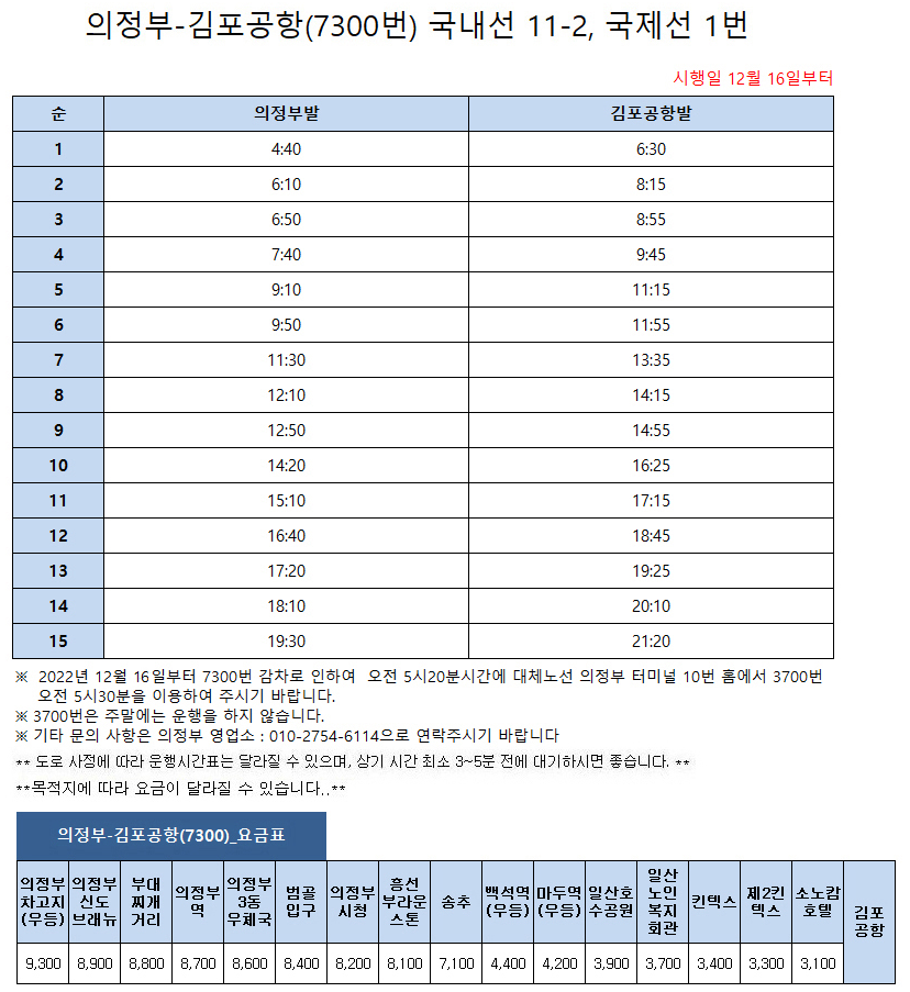 버스피아&#44; 의정부&#44; 김포공항&#44; 7300번 버스 시간표