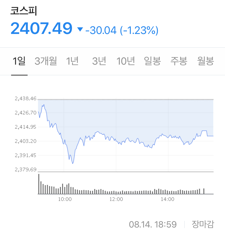  미국시장의 혼조세 + 국내시장은 큰 폭 하락 + 많이 올라간 주식만 많이 하락한다?!  - Stock 주식 시황 분석 2020.08.14