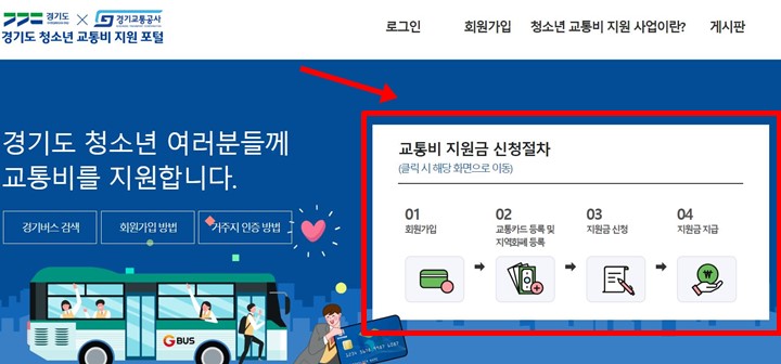 경기도 청소년 교통비 지원 포털 홈페이지 화면