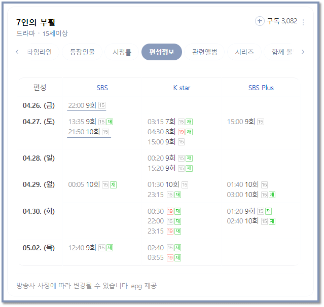 SBS 금토드라마 7인의 부활 채널 방송시간 편성정보