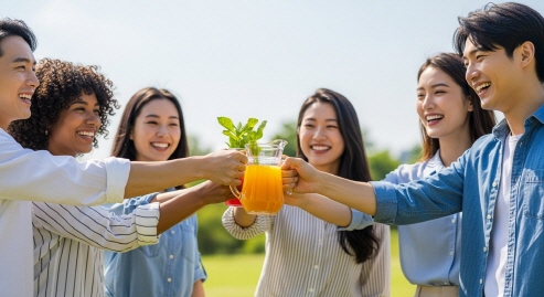친구와 함께 주스를 나누어 마시는 모습