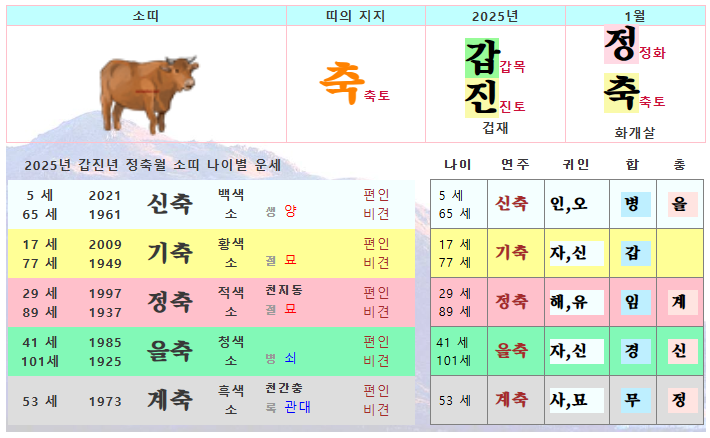 내일을 위해 :: 1월 소띠 운세 - 2025년 1월 갑진년 정축월 띠별 연령별 사주 운세보기