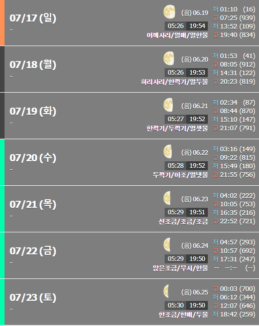 7월 3주 조석표