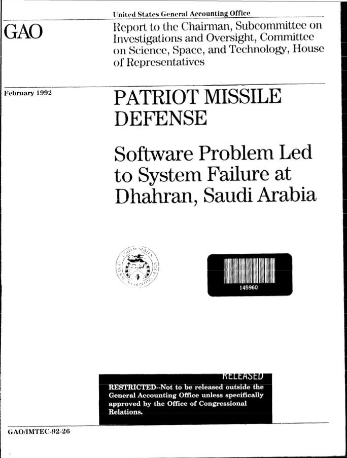 미국 회계감사원(GAO)에서 발표한 다란 패트리어트 격추 실패 사건 조사 보고서